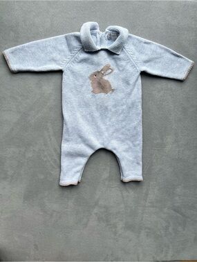 Knit Baby One-Piece with Bunny Motif - Light Blue